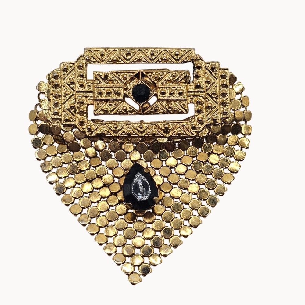 Brooch Gold Tone‎ Mesh Dangle Black Stone Art Deco Style Statement Pin Teardrop
